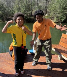 Proud camper catching fish